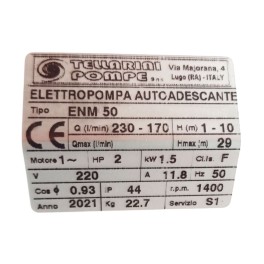 Αντλία Μεταγγίσεων ENM 50 2hp/1400rpm TELLARINI