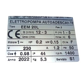 Αντλία Μεταγγίσεων EEM 20L 0.2hp/1400rpm TELLARINI
