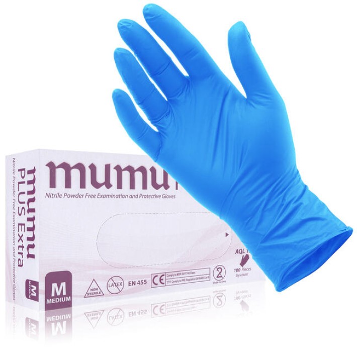 Γάντια Νιτριλίου μιας Χρήσης Χωρίς Πούδρα Medium 100τμχ. Μπλέ MUMU PLUS BL03565