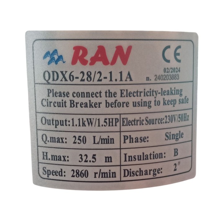 Αντλία Υποβρύχια Ομβρίων-Ακαθάρτων RAN QDX6-28/2 1.5HP Αντλία Υποβρύχια Ομβρίων-Ακαθάρτων RAN QDX6-28/2 1.5HP