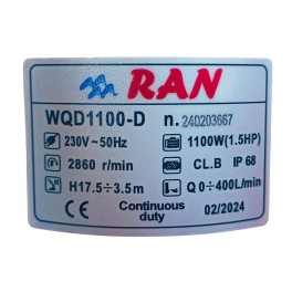 Αντλία Υποβρύχια Λυμάτων RAN WQD1100-D 1.5HP