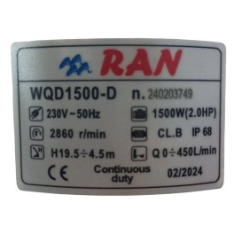 Αντλία Υποβρύχια Λυμάτων RAN WQD1500-D 2HP