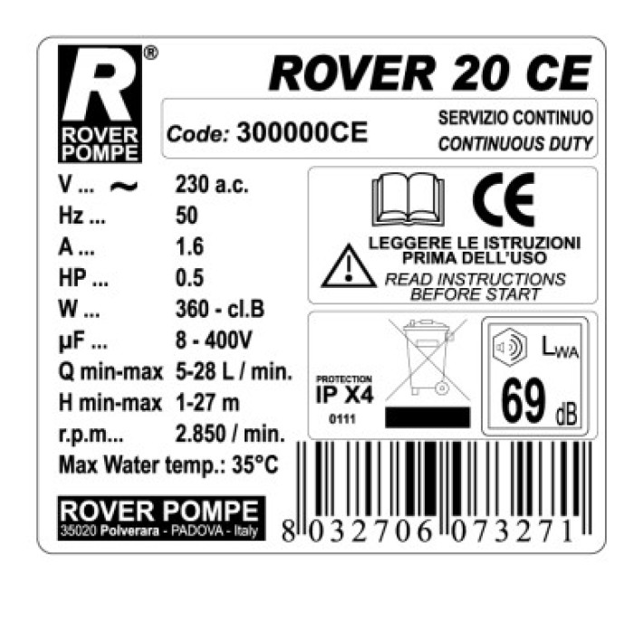 Αντλία Μεταγγίσεων 20 CE 0.5hp/2850rpm ROVER