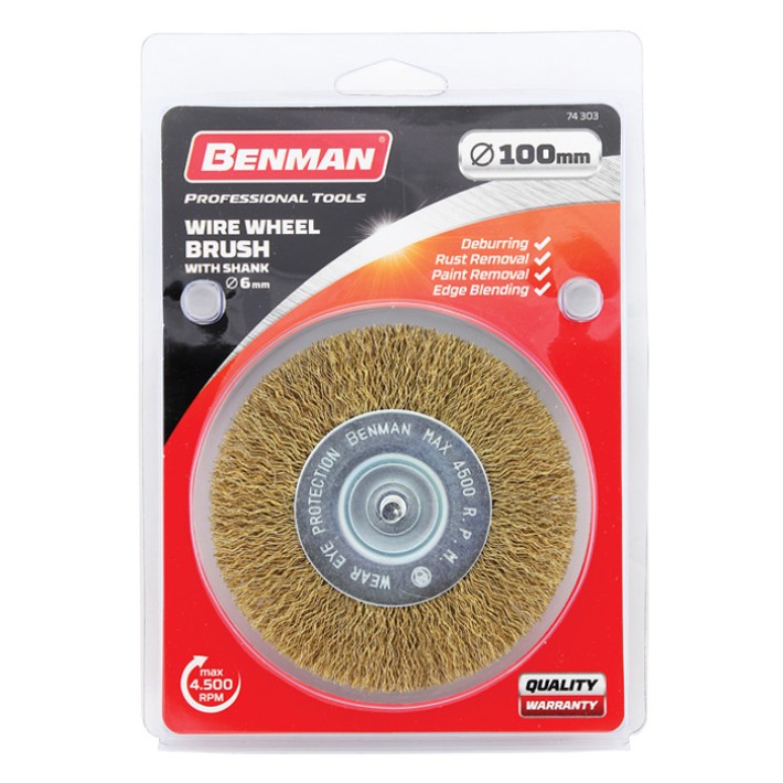 Συρματόβουρτσα Στρογγυλή Με Αξονάκι Φ6 100mm BENMAN 
