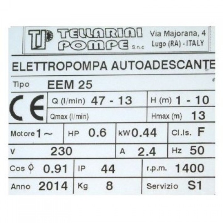Αντλία Μεταγγίσεων EEM 25 0.6hp/1400rpm TELLARINI Αντλία Μεταγγίσεων EEM 25 0.6hp/1400rpm TELLARINI